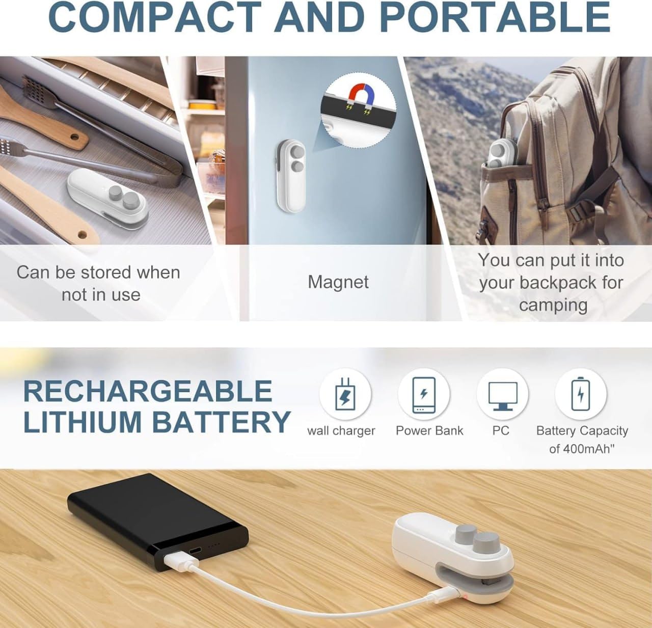 USB portable bag sealer for snacks, food storage, and keeping items fresl www.usmile.toys